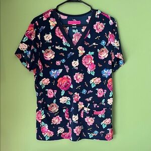 Betsey Johnson Navy Floral V-Neck Scrub Top with Pink Roses